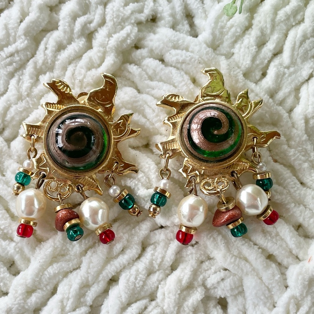 Vintage Coro 90’s Gold and Green Sunburst Statement Earrings Clip On